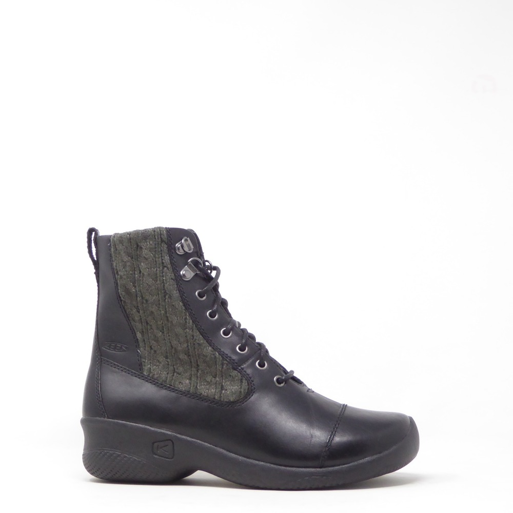 KEEN Women Bern Baby Bern Ankle Lace Up Boots Black Leather Wool Knit Lace Up 8